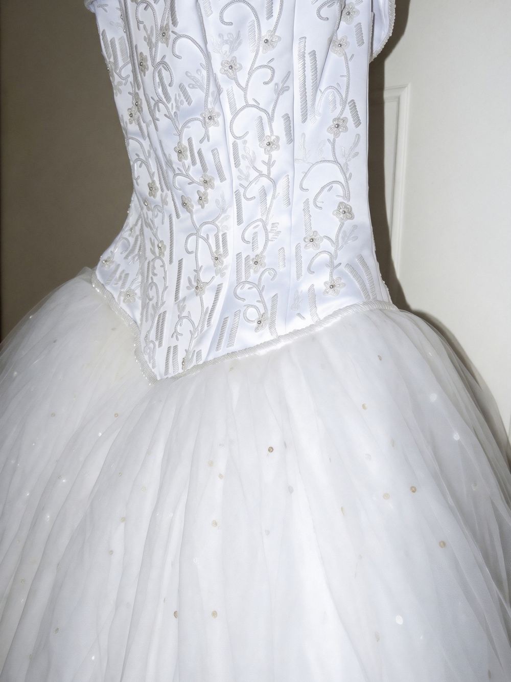 David's Bridal White Embroidered Tulle Wedding Dress.